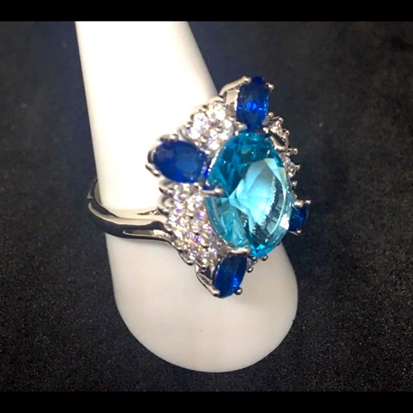 Art Deco W/Oval Cut 11.87CT Aquamarine W/Blue Sapphire & White Cluster Ring - Picture 5 of 6